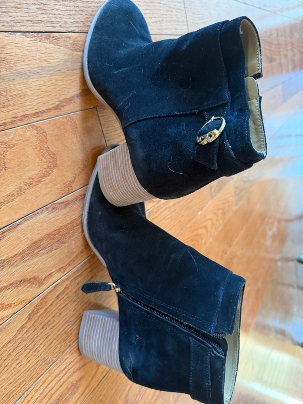 Tory Burch Black Suede Ankle Booties with Gold Buckle